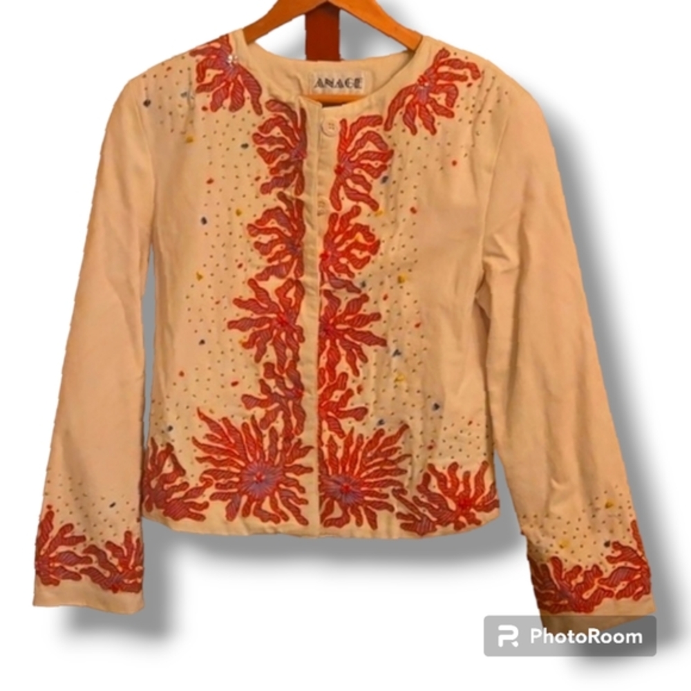 Anage Vinatge Embroidered Coral Beaded Blazer